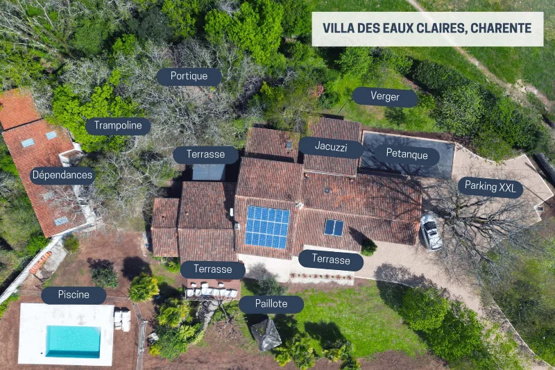 Vue aérienne de la Villa des Eaux Claires avec piscine, terrasses, jacuzzi et grand jardin arboré