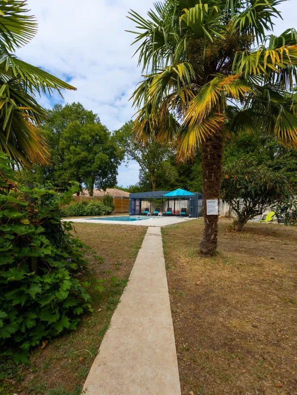 Piscine extérieure entourée de palmiers avec pergola couverte et transats