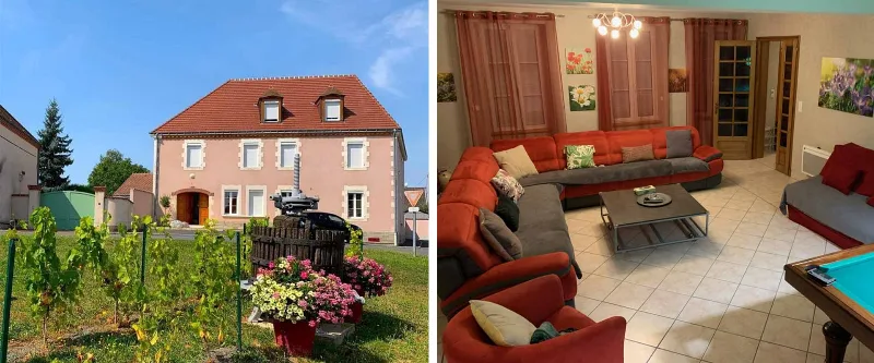 Façade du gîte Lau'Livier avec grand jardin, vue d'ensemble de la maison de vacances dans l'Allier