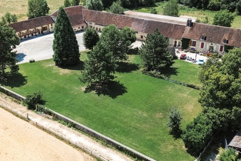 Vue aérienne du grand parc arboré de 4000 m² avec tilleuls et conifères