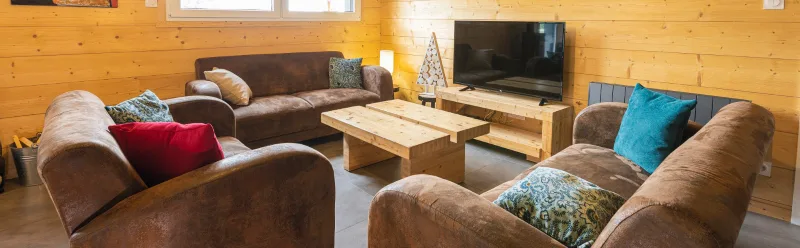Salon spacieux avec canapés en cuir, ambiance chaleureuse et bois apparent