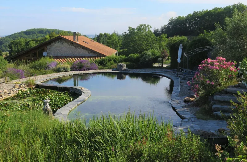 Grand Gîte Gary – façade en pierre et colombages au bord de l'étang avec piscine naturelle