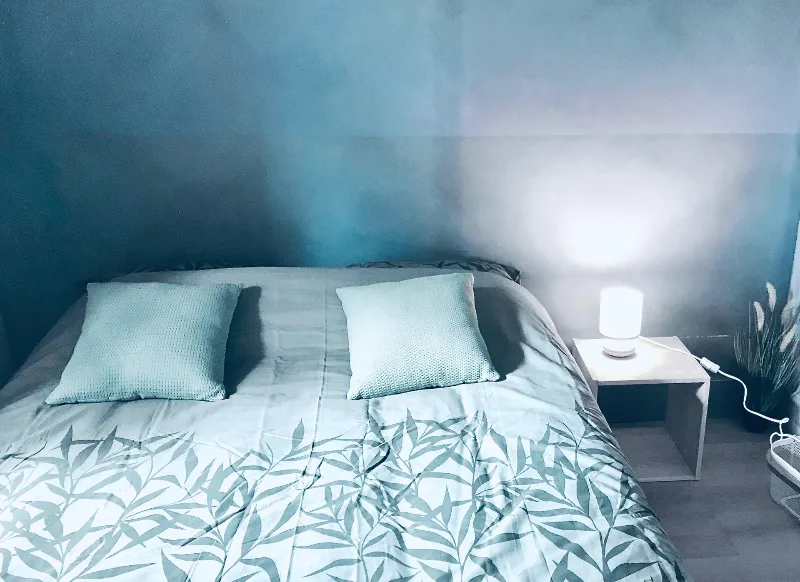 Chambre lumineuse avec grand lit, linge de lit bleu à motif feuillage et lampe de chevet