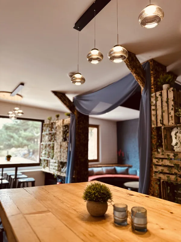 Espace bar convivial avec suspensions lumineuses et décoration végétale