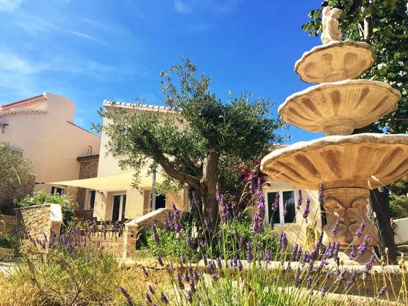 Façade en pierre de la villa avec fontaine, olivier et parterre de lavande