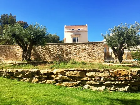 Jardin arboré avec oliviers et muret en pierres sèches devant la villa