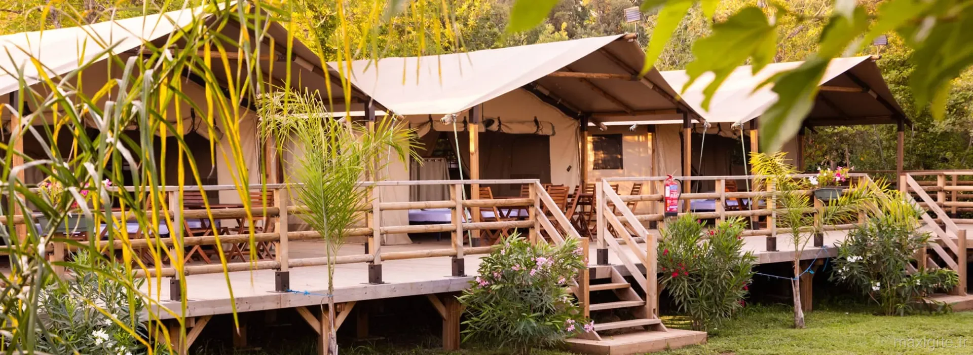 Gîte de groupe Les Lodges de la Chênaie à Talasani — Rangée de lodges tentes en bois sur pilotis, entourés de végétation méditerranéenne, capacité 80 personnes