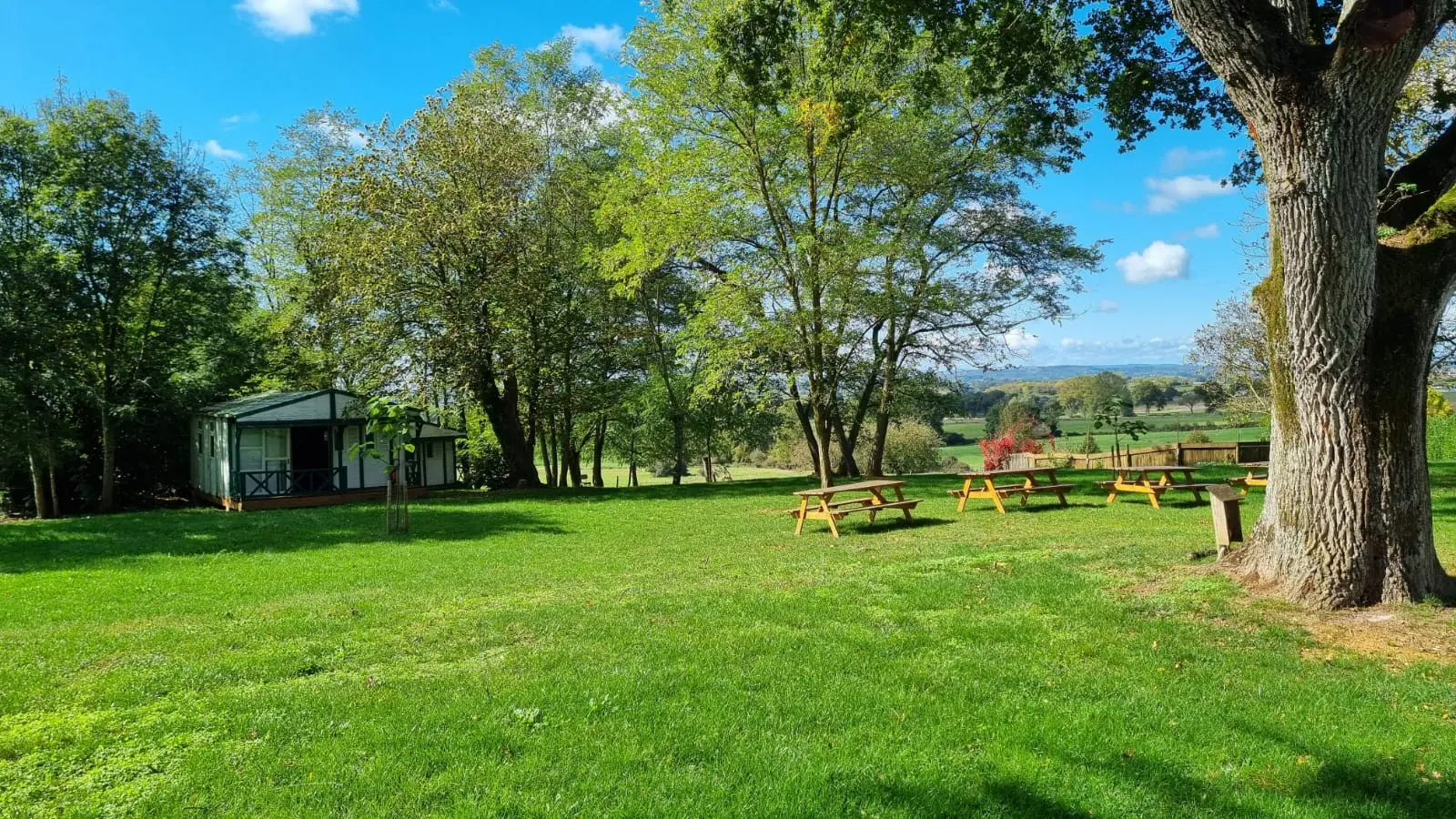 Gîte de groupe Domaine de Puech Merlhou à Saint-Grégoire — Grand parc arboré avec tables de pique-nique et chalet en bois, vue sur la campagne du Tarn, capacité 58 personnes