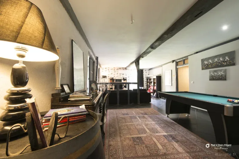 Salle de vie voûtée avec billard, coin lecture et poutres apparentes