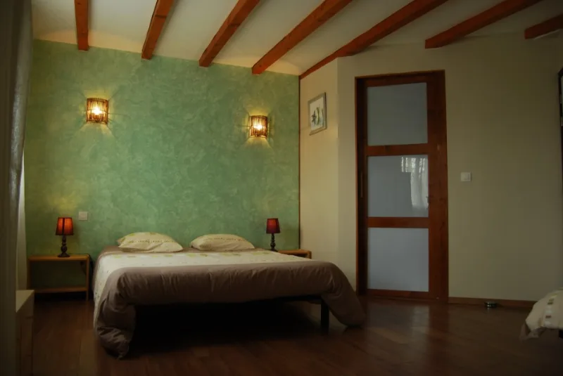 Chambre double avec mur vert d'eau et poutres apparentes