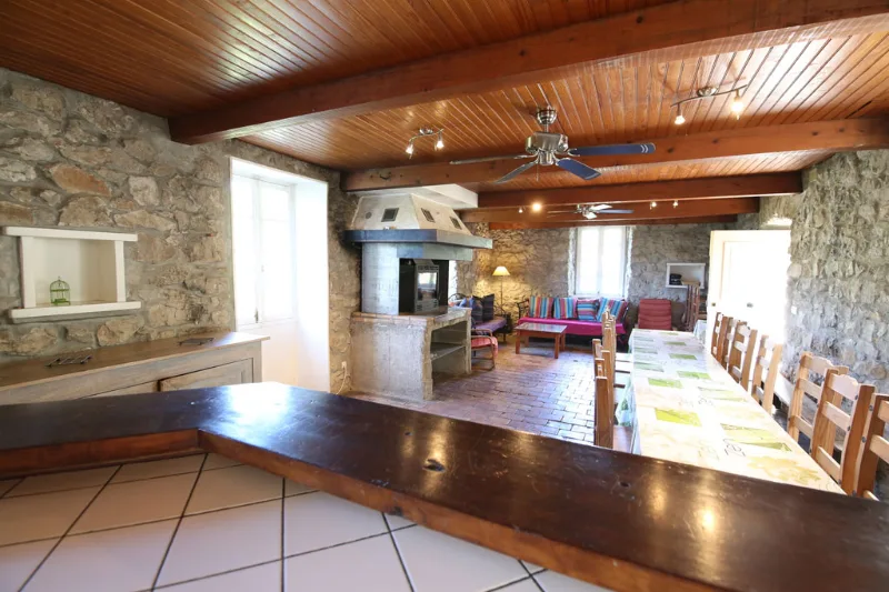 Grande pièce à vivre voûtée en pierre avec cheminée, salon et longue table à manger