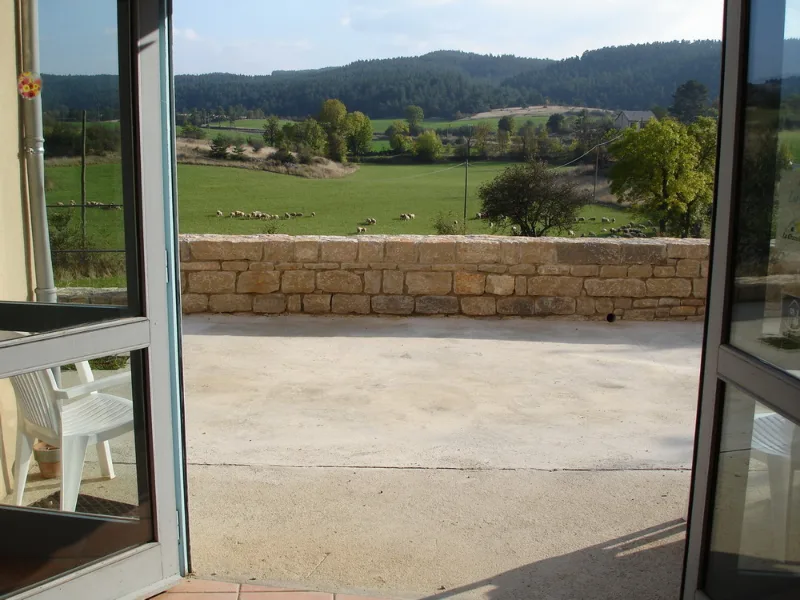 Vue depuis la terrasse sur la prairie et les moutons en pâture, terrasse en pierre