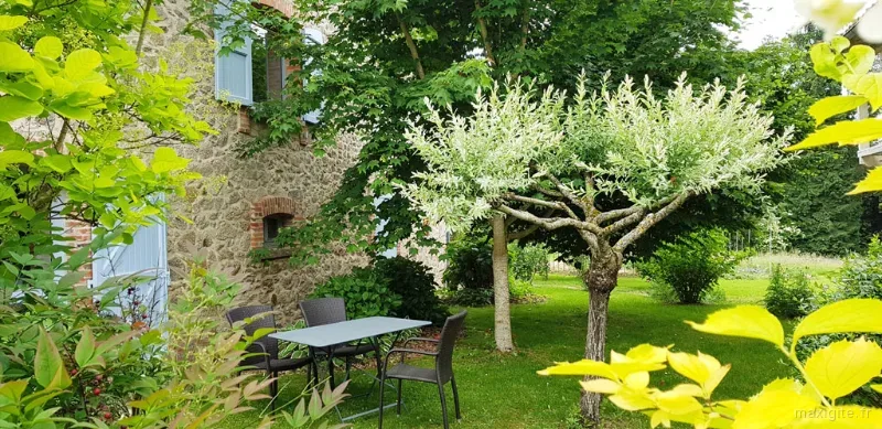 Jardin arboré avec arbre en fleurs et table de jardin contre la façade en pierre