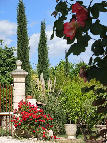 Allée fleurie du jardin bordée de pierres anciennes et de graminées