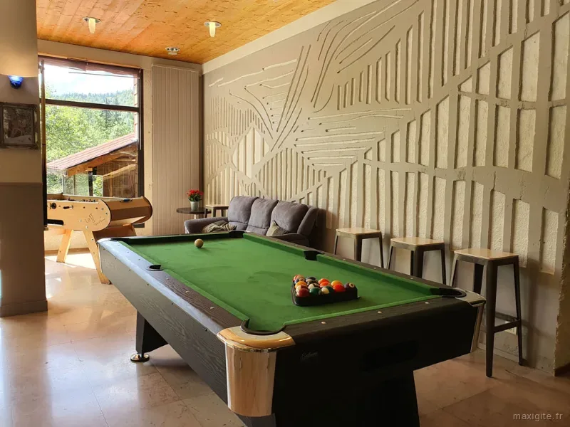 Salle de billard avec tapis vert, espace détente pour les soirées