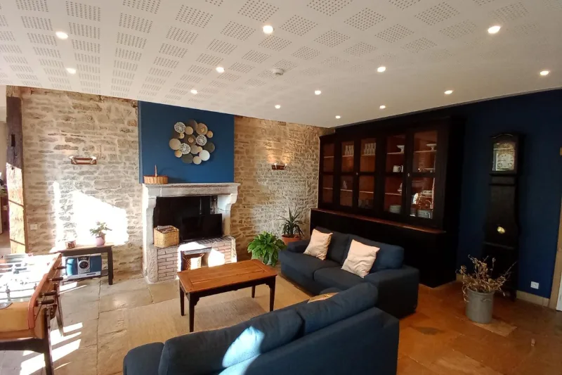 Grand salon chaleureux avec canapés bleus, cheminée en pierre et bibliothèque, murs en pierre apparente
