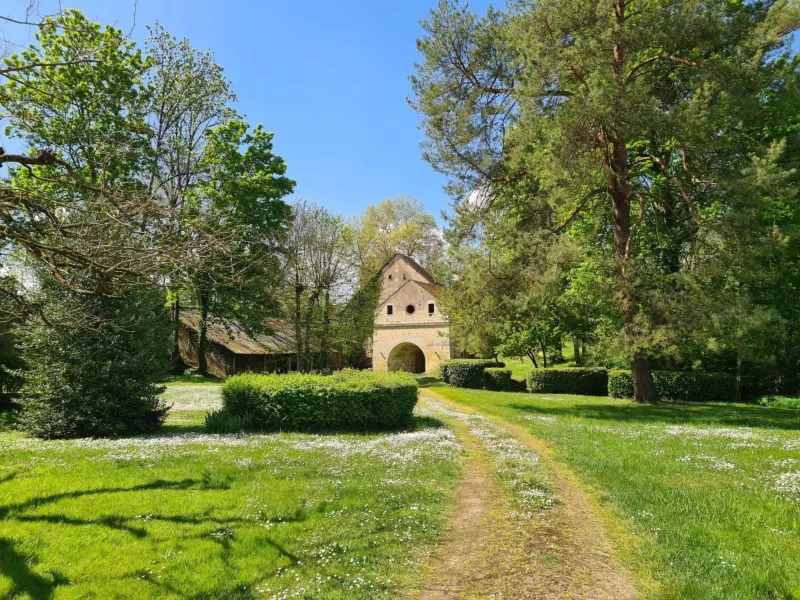 Vue d'ensemble du Domaine des Forges de la Vache, écrin de verdure traversé par un ruisseau à Raveau
