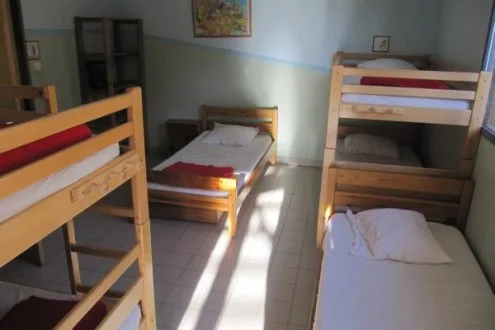 Chambre verte avec lits simples et décoration naturelle