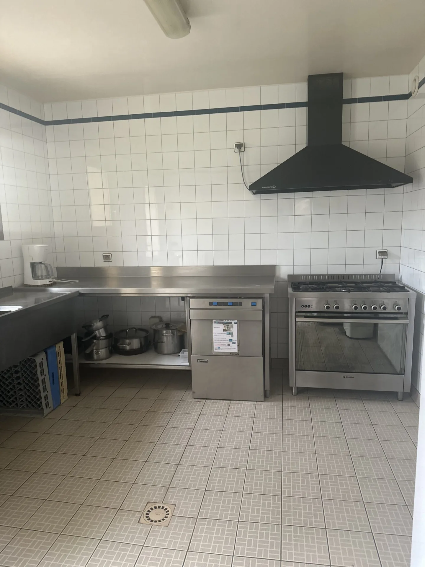 Cuisine professionnelle equipee avec piano de cuisson inox, hotte et lave-vaisselle