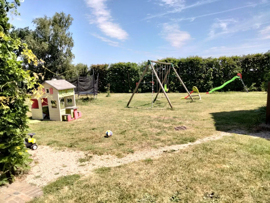 Jardin arbore avec massif de rosiers rouges et vegetation luxuriante au premier plan
