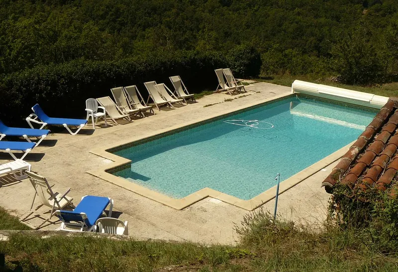 Piscine extérieure rectangulaire entourée de transats bleus et blancs, bordée par la forêt