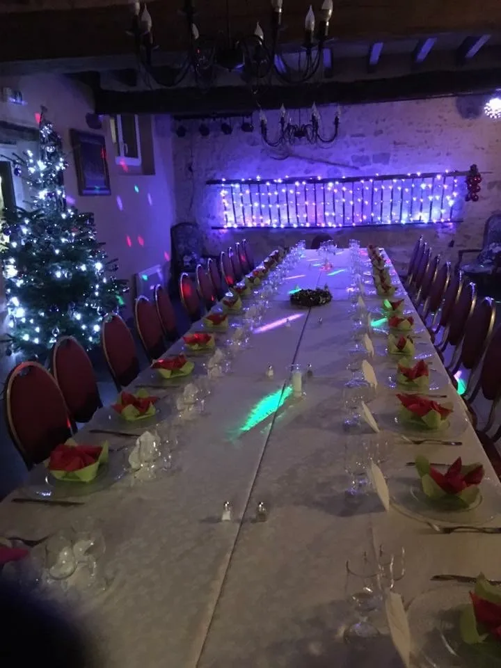 Grande salle voûtée en pierre avec longue tablée dressée et guirlandes lumineuses pour un dîner de groupe
