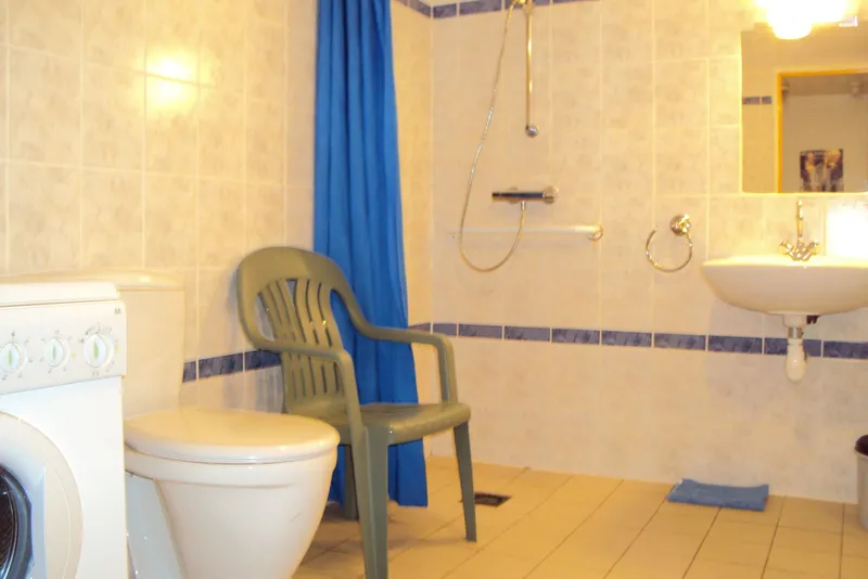 Salle d'eau accessible avec douche à l'italienne, barre d'appui et lavabo suspendu