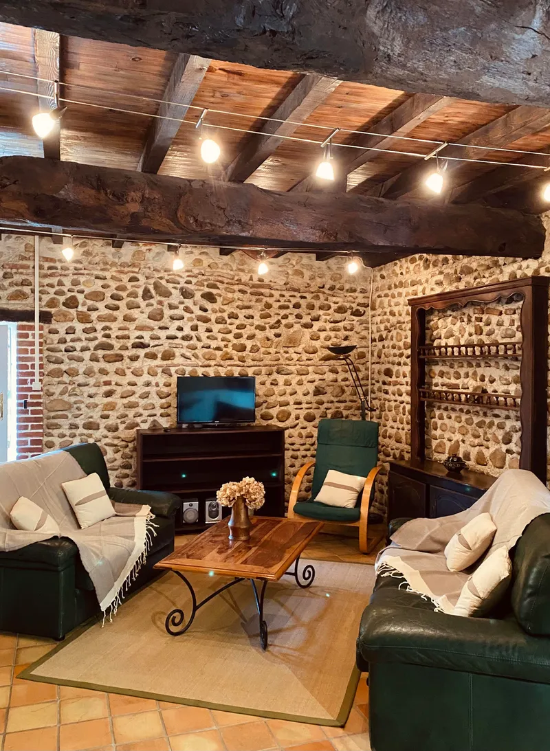 Grand séjour voûté aux murs de galets avec canapés en cuir, cheminée et charpente en bois apparente