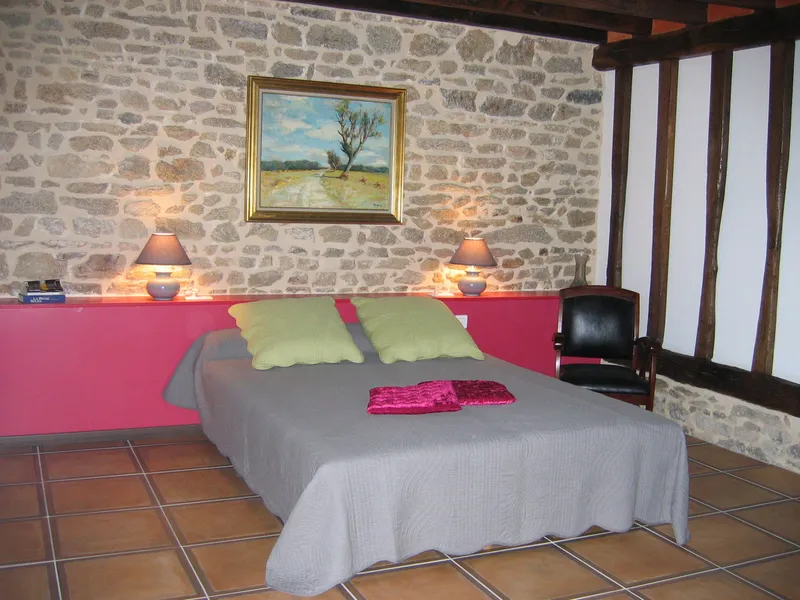 Chambre double avec couvre-lit gris, coussins verts et murs en pierres apparentes associés à un mur rose