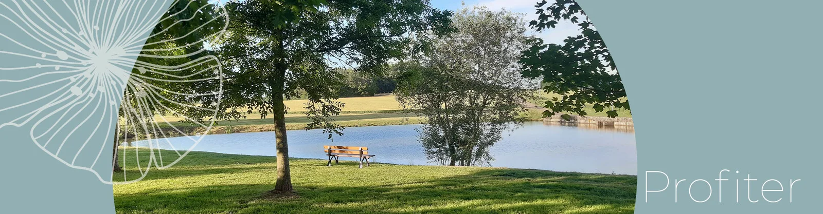 Gîte de groupe Ô'Complexe à Francourt — Étang du domaine bordé d'arbres avec un banc en bois face à l'eau, entouré de prairies verdoyantes, capacité 60 personnes