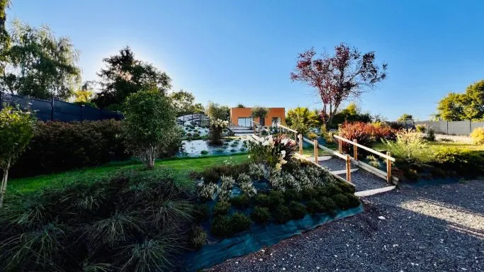 Jardin paysager avec petit pont en bois traversant un massif de graminées et de plantes fleuries