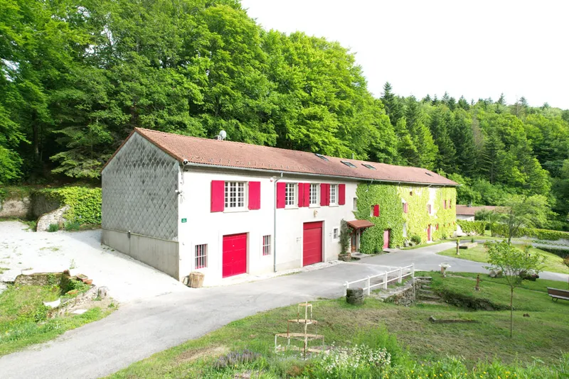 Vue aérienne par drone de la longère du Bois des Fées dans sa clairière boisée