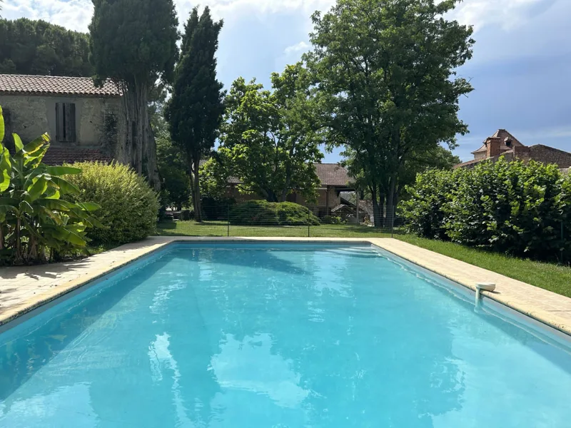 Piscine rectangulaire entourée de gazon et de végétation luxuriante