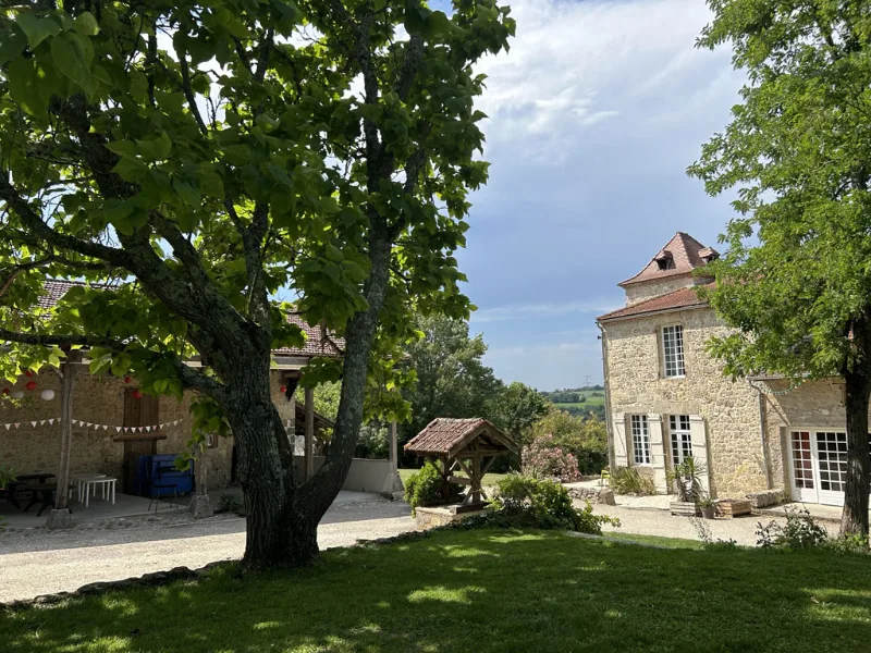 Vaste pelouse avec grand arbre et vue sur collines verdoyantes